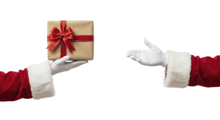Santa Claus gloved hands exchanging a festive holiday gift box wrapped with red ribbon on a transparent background, PNG image, PNG file