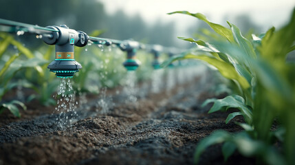 Naklejka premium Robotic irrigation system watering crops in a field with precision technology