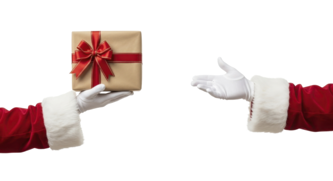Santa Claus gloved hands exchanging a festive holiday gift box wrapped with red ribbon on a transparent background, PNG image, PNG file - Powered by Adobe