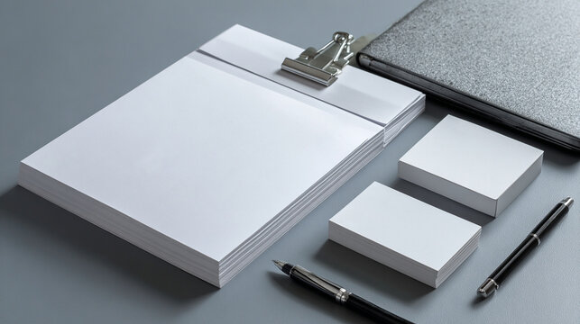 Mockup de papelería corporativa blanca con portapapeles, tarjetas, libreta y bolígrafo sobre fondo gris en composición profesional y minimalista.