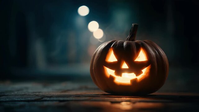 Glowing Halloween carved pumpkins with spooky evil face and candle