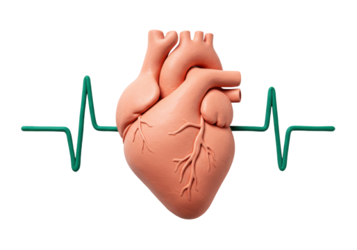 Isolated anatomical heart shape with heartbeat line, cardiology health care and healthy life