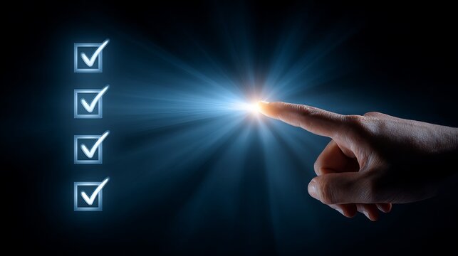 Get your tasks done with a stylish checklist and hand interacting with a bright light, perfect for business, productivity and organization concepts