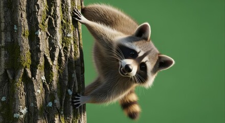Obraz premium Curious Raccoon Peeking from Tree Trunk with Bright Green Background.
