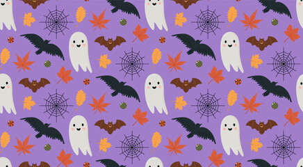 A cute, seamless vector Halloween pattern. Features smiling ghosts, bats, crows, spider webs, and autumn leaves on purple. Perfect for spooky, kid-friendly seasonal backgrounds