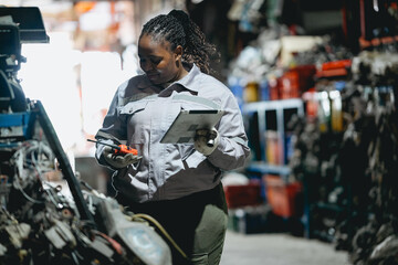Female technician check used car damaged engine block at scrapyard warehouse recycle area part. African American engineer inspecting rust oily auto motor old spare part in junkyard for reuse service