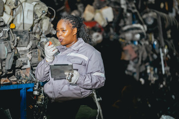 Female technician check used car damaged engine block at scrapyard warehouse recycle area part. African American engineer inspecting rust oily auto motor old spare part in junkyard for reuse service