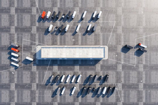 Aerial view of trucks in logistics center parking lot 3d rendering