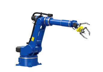 Isolated robotic arm in blue, industrial design, claw grip, automation, machine tool