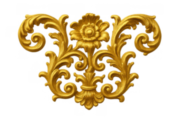 Golden baroque ornament with intricate scrollwork and floral details, luxury decorative filigree design on transparent background