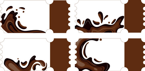 set of discount coupons with melted dark and milk chocolate that fold into various spots and waves of cocoa of different shapes, for packaging design, menus, confectionery logos and dessert branding