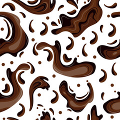 seamless pattern with melted dark and milk chocolate that folds into various spots and waves of cocoa of various shapes, for packaging design, menus, confectionery logos and dessert branding