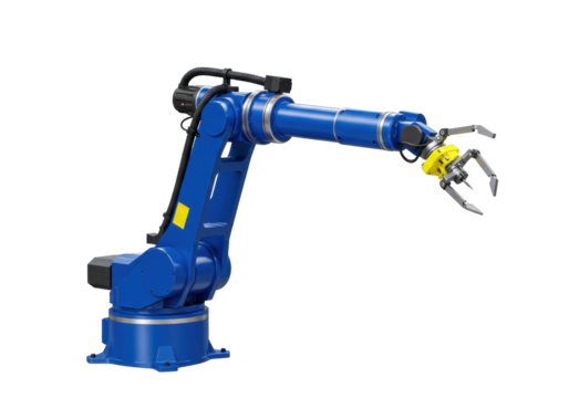 Isolated robotic arm in blue, industrial design, claw grip, automation, machine tool