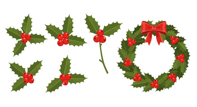A festive collection of Christmas holly sprigs with red berries and a traditional holiday wreath with a red bow, isolated vector set
