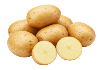 Isolated Yukon Gold potatoes, whole and sliced, healthy fresh vegetable ready to cook