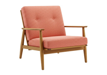 Isolated contemporary mid-century modern lounge chair with light wood frame, coral upholstery