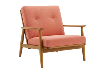 Isolated contemporary mid-century modern lounge chair with light wood frame, coral upholstery