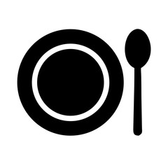 Black and white solid vector icon of a dinner plate with spoon