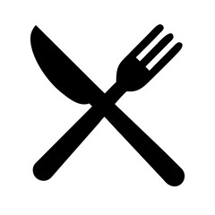 Black and white solid vector icon of a fork and knife crossed