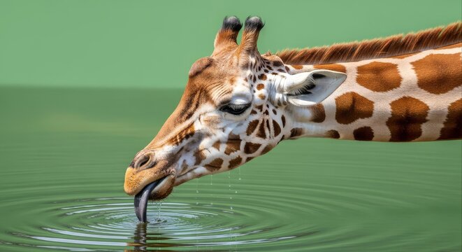Giraffe drinking water closeup shot of the animals head and neck.