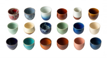 Assorted ceramic vessels isolated on a transparent background