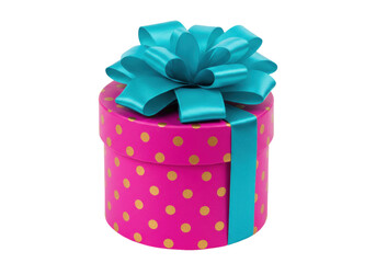 Isolated round pink polka dot gift box with teal ribbon and bow for a celebration