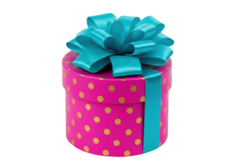Isolated round pink polka dot gift box with teal ribbon and bow for a celebration