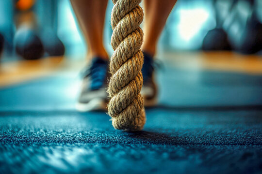 Person stands ready to start a battle rope workout, focusing on the intricate details of the rope and the gym environment