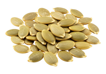 Isolated pile of nutritious toasted pepitas, dry and roasted pumpkin seeds for snacking, healthy snack