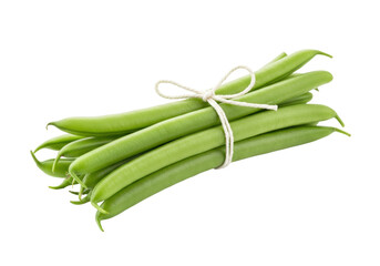 Isolated bundle of fresh green beans tied with string, side view, ready for cooking