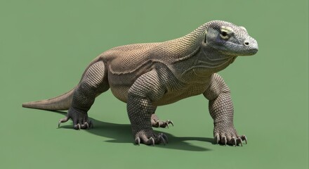 Obraz premium Komodo Dragon on a plain green background full body shot side view looking right sharp focus.