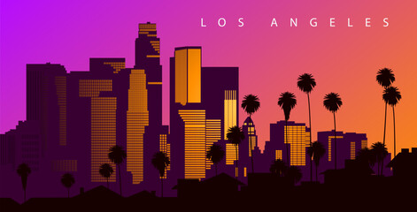 Los Angeles skyline at sunset. Creative illustration. California, USA