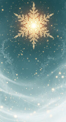 Glowing snowflake against a blurred teal background with bokeh and smaller snowflakes. Represents the winter season and holiday spirit, festive mood