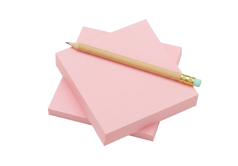 Isolated stack of pink sticky notes with a wooden pencil resting on top of the block