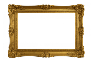 Gold antique ornate frame with rococo style decoration and transparent background, empty border for design element