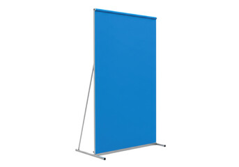 Isolated blue roll-up banner stand with metal frame for trade show exhibit display screen