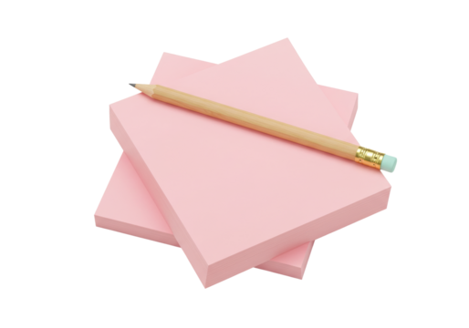 Isolated stack of pink sticky notes with a wooden pencil resting on top of the block