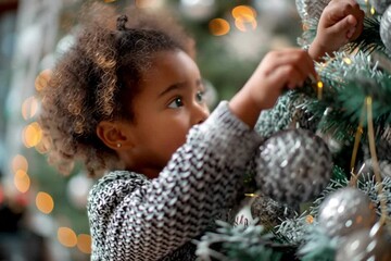 A dark-skinned girl decorates a Christmas tree