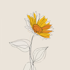 Elegant single-line sunflower with flowing leaves