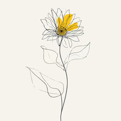 Elegant single line sunflower and leaves
