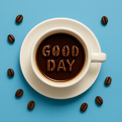 coffee bean spelling "Good Day" in white coffee cup