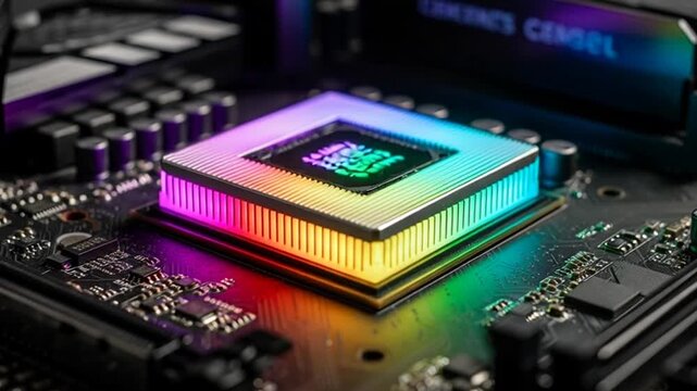 Close-up of a High-Performance RGB Computer CPU Cooler on Motherboard with Color Cycling