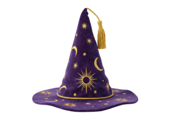 Isolated purple velvet sorcerer's hat with gold tassel, star, moon, and sun designs for Halloween