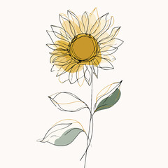 Elegant sunflower with stylized leaves illustration