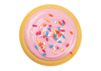 Isolated sugar cookie with pink frosting and sprinkles for party or birthday treat