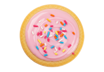Isolated sugar cookie with pink frosting and sprinkles for party or birthday treat