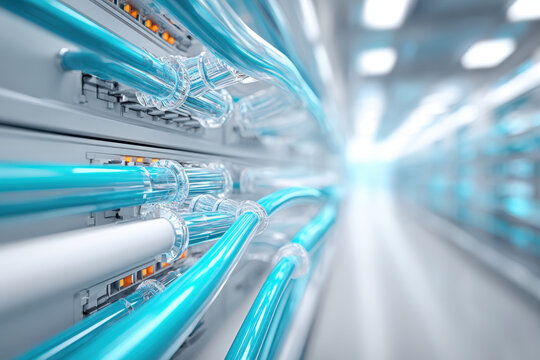 Close-up of transparent tubes in modern industrial machinery