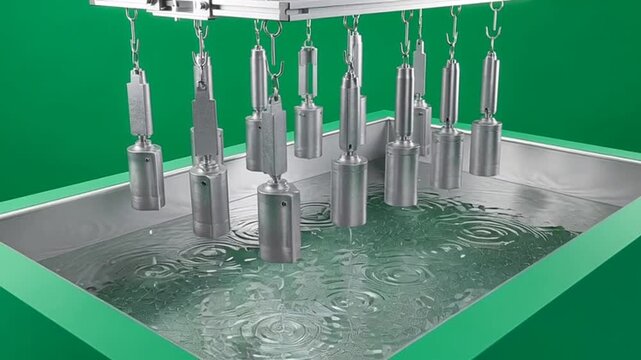 Metal parts are dipped into a water tank for the process of galvanization in a factory industrial