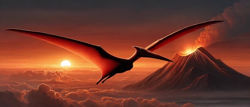 Pterodactyl in Flight over Volcano: A majestic pterodactyl soars through the crimson sky, silhouetted against a backdrop of an erupting volcano during the sunset.