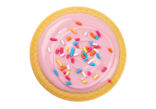 Isolated sugar cookie with pink frosting and sprinkles for party or birthday treat
